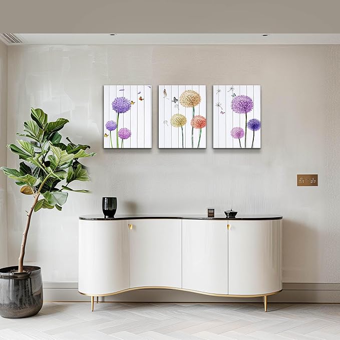 MHARTK66 Wall Art for Bedroom Wall Art Set of 3, Minimalist Wall Art Colorful Dandelion Canvas Artwork Paintings, Abstract Botanical Pictures for Modern Farmhouse Kitchen Bathroom Office,12"x16"