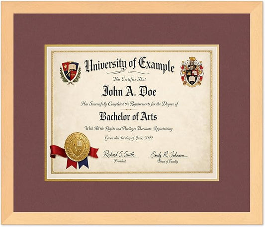 CountryArtHouse Diploma Frame Fits 14 x 11 College Diploma (Modern) - Keepsake Graduation Display Natural Wood Genuine Hardwood with Dark Red Over Metallic Gold Double mat