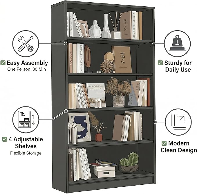 5 Tier Wooden Bookshelf, 60" H Tall Book Shelf with Adjustable Shelves, 33" Wide Bookshelf for Home Office, Living Room
