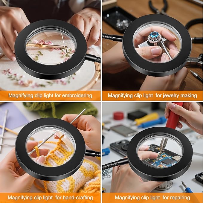 10X Magnifying Glass with Light, 2 in 1 Magnifying Desk Lamp Clip on Mganifier with Light, 3 Color Modes 10 Brightness Levels, 58 LED Clip on Reading Lamp for Bed Crafts DIY Repair,No Adapter