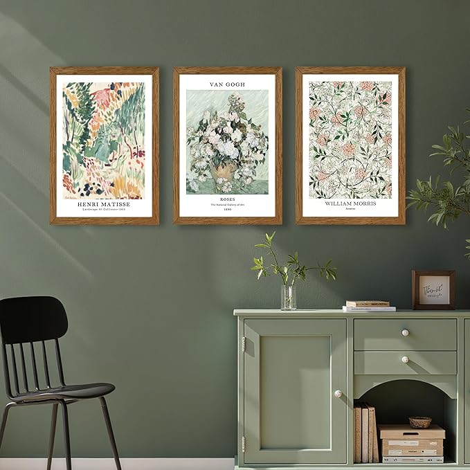 InspiredHues Matisse Van Gogh Morris Canvas Wall Art Set of 3, Sage Green Beige Neutral Flower Wall Decor, Vintage Botanical Art Prints for Living Room Bedroom Office Home Decoration 16x24 Wood Framed