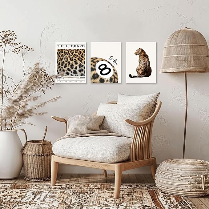 Trendy Leopard Wall Art Set of 3 Preppy Cheetah Wall Art,Funky Lucky 8 Ball Posters Prints Preppy Room Decor Aesthetic Cheetah Print Wall Decor for Girls Bedroom Apartment Dorm,Framed,12x16inch