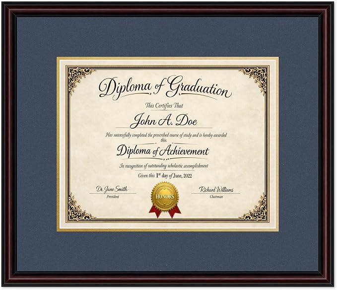 Diploma Frame Executive Brown with Navy Blue Over Gold Double Mat - Fits 14 x 11 College Diploma (Modern) Wall Display Made in the USA