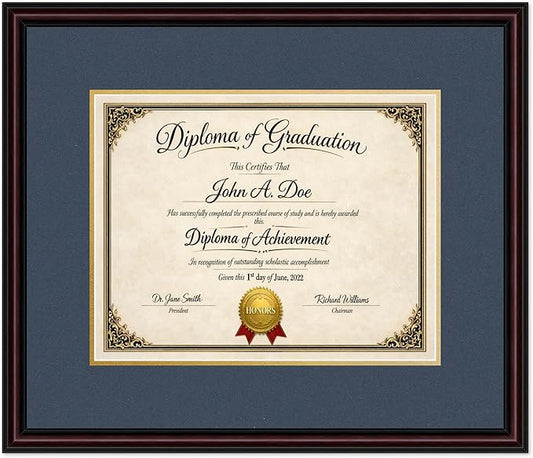 Diploma Frame Executive Brown with Navy Blue Over Gold Double Mat - Fits 14 x 11 College Diploma (Modern) Wall Display Made in the USA