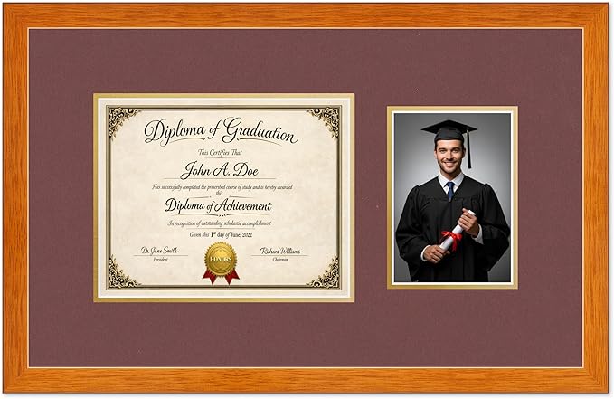 Diploma Frame With Photo Opening Honey Oak Dark Red Over Gold Mat - Fits 10 x 8 Degree and Picture Made in the USA