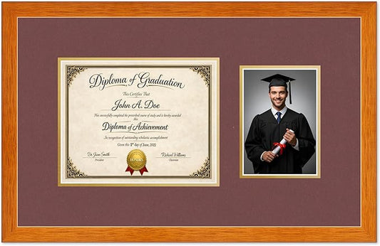 Diploma Frame With Photo Opening Honey Oak Dark Red Over Gold Mat - Fits 10 x 8 Degree and Picture Made in the USA