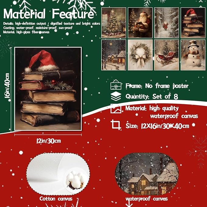 Vintage Christmas Canvas Wall Art Poster Set of 8, Santa Christmas Tree Snowman Pictures Wall Decor, Winter Holiday Paintings Prints Aesthetic Home Decor for Living Room Bedroom 12x16 inch Unframed