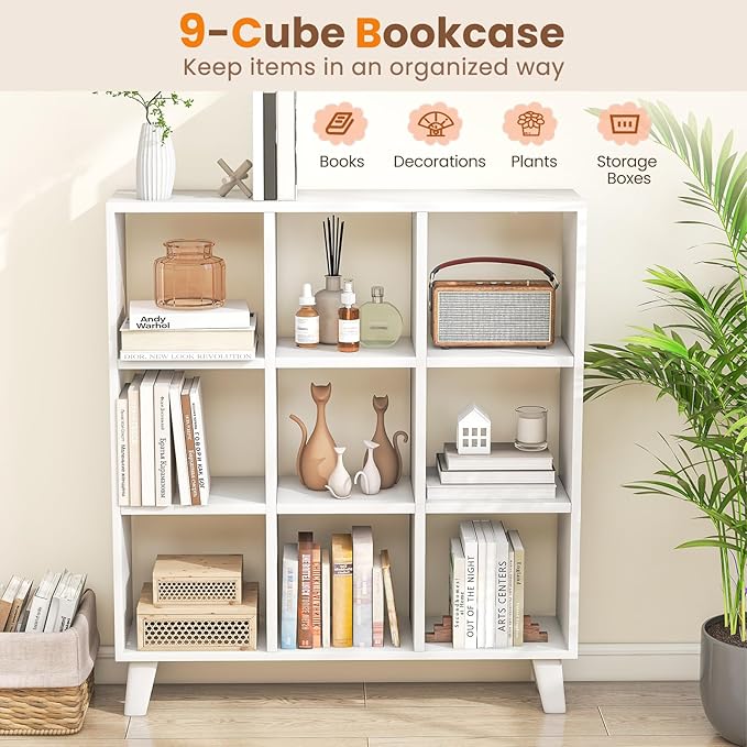 Tangkula 9-Cube Bookcase, Freestanding 3-Tier Bookshelf with 6 Removable Shelves, Open Back DIY Storage Organizer with Raised Support Feet for Living Room Study Office (2, White)