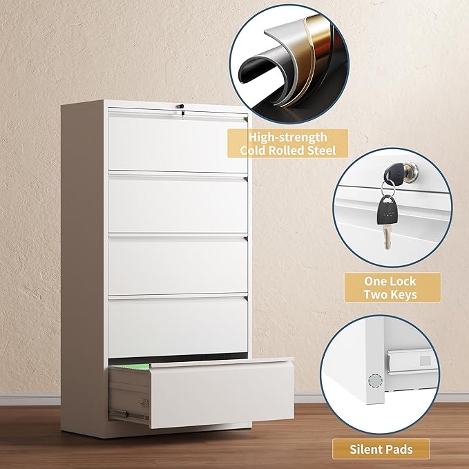 5 Drawer File Cabinet with Lock, Lateral Filing Cabinets,Metal Storage Filing Cabinets for Home Office, Heavy Duty File Cabinet for Letter/Legal/A4/F4 Size Amsseble Required, White
