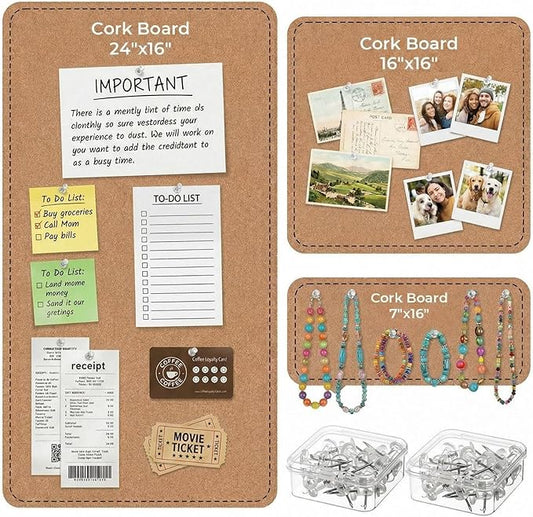 3 Pack Large Felt Bulletin Boards 24"/16"/7"x 16" Foldable Picture Vision Board for Office Wall Frameless Cork Board with 60 Push Pin for Home, Kitchen, Wall Pin Boards(Brown)