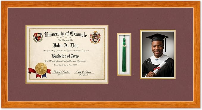 Diploma Tassel and Photo Shadowbox Fits 11.69 x 8.27 A4 Certificate with Tassel Hook a Honey Oak Genuine Hardwood with Dark Red Over Metallic Gold Double mat