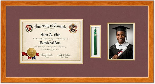 Diploma Tassel and Photo Shadowbox Fits 11.69 x 8.27 A4 Certificate with Tassel Hook a Honey Oak Genuine Hardwood with Dark Red Over Metallic Gold Double mat