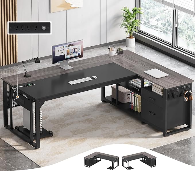71 in Executive Desk with Power Outlets, Reversible L Shaped Computer Desk with File Drawers & Storage Shelves, Large Office Desk with Pegboard, Mobile CPU Stand, Modern Corner Desk (Grey)
