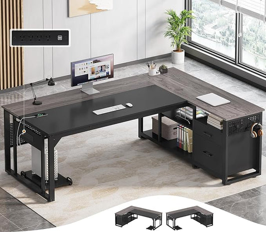 71 in Executive Desk with Power Outlets, Reversible L Shaped Computer Desk with File Drawers & Storage Shelves, Large Office Desk with Pegboard, Mobile CPU Stand, Modern Corner Desk (Grey)