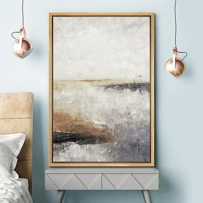 SIGNFORD Framed Canvas Print Wall Art Brown Gray Pastel Minimal Landscape Abstract Shapes Illustration Modern Art Decorative Nordic Chic Relax/Zen for Living Room, Bedroom, Office - 24"x36" Natural
