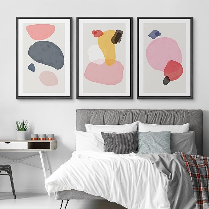 SIGNFORD Framed Wall Art Print Set Pink, Gray, Red & Yellow Transparent Blots Abstract Shapes Digital Art Modern Art Contemporary Colorful for Living Room, Bedroom, Office - 24"x36"x3 Black