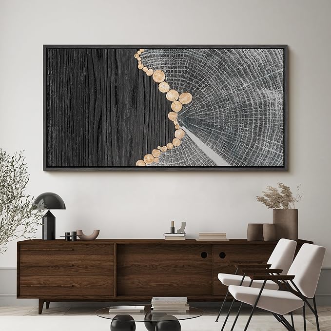 SIGNFORD Extra Large Framed Canvas Black Wood and Tree Ring Abstract Illustrations Modern Art Calm for Living Room, Bedroom, Office - 60"x30"