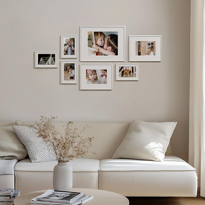 eletecpro Aluminum Gallery Wall Frame Set of 7, Including 1Pc 11x14, 2Pcs 8x10, 4Pcs 5x7 Photo Frames for Wall or Tabletop Display, Multiple Sizes Picture Frames Collage Wall Decor, Silver
