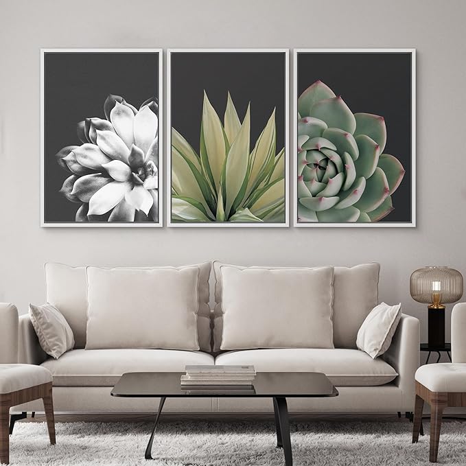 SIGNWIN Framed Wall Art Print Set Echeveria Succulent Variety Nature Plants Photography Modern Art Closeup Relax/Calm Dark Black and White for Living Room, Bedroom, Office - 24"x36"x3 White