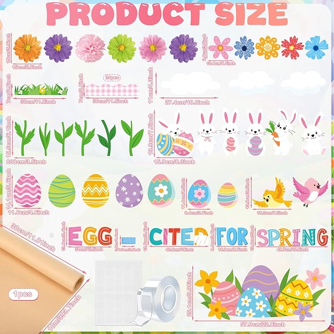Pasimy 72 Pcs Spring Easter Bulletin Board Decorations 3D Egg Bunny Flowers Paper Cutouts Classroom Decors Egg Cited for Spring with Grass Flowers Birds Bunny for Home Nursery School Party Supplies