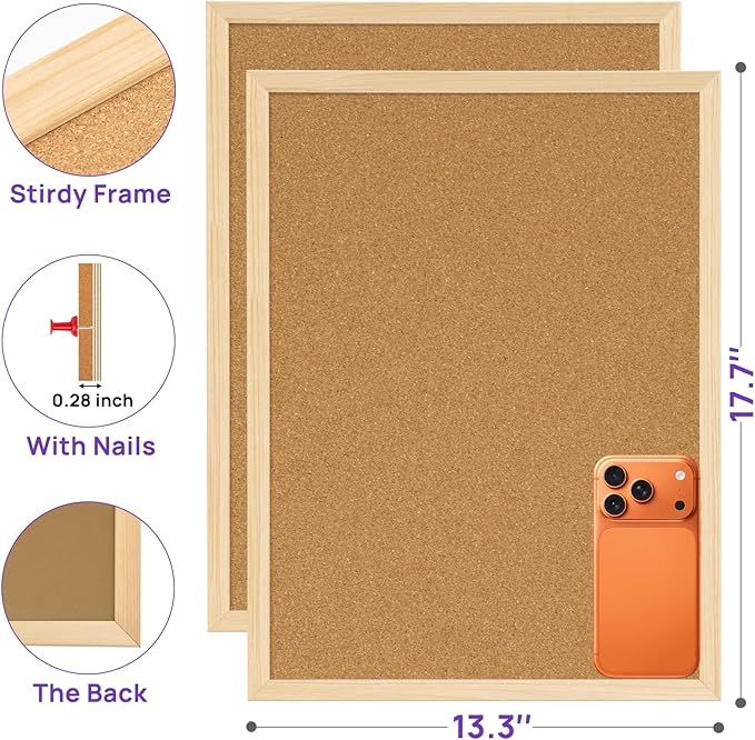 2 Pcs Cork Board, 17.7''x13.3'' Bulletin Board, Wooden Framed Corkboards for Wall, Small Cork Board, Vision Board Supplies, Prayer Board, Picture Board for Photos, Office, Home Decor, School