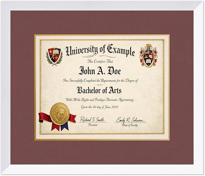 CountryArtHouse Diploma Frame Fits 14 x 11 College Diploma (Modern) - Keepsake Graduation Display Bright White Genuine Hardwood with Dark Red Over Metallic Gold Double mat