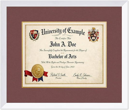 CountryArtHouse Diploma Frame Fits 14 x 11 College Diploma (Modern) - Keepsake Graduation Display Bright White Genuine Hardwood with Dark Red Over Metallic Gold Double mat