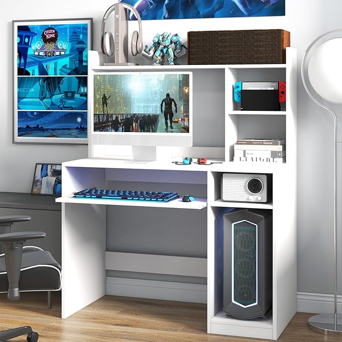 White Computer Desk with Hutch, Wood PC Table w/Power Outlet, Keyboard Tray and CPU Stand, Modern Writing Desk with Bookshelf for Bedroom, Simple Work Table for Home Office