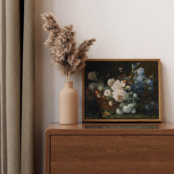 ARPEOTCY Vintage Framed Canvas Wall Art, Bathroom Hydrangea Peonies Floral Pictures Retro Wall Decor, Prints Art, Farmhouse Moody Bedroom Living Room Flower Paintings, 9x11Inch