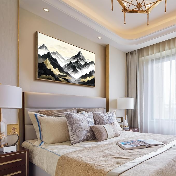 amatop Mountain Landscape Wall Art, Large Framed Modern Abstract Black and White Canvas Print – Zen Minimalist Nature Artwork for Office Wall Decor, Living Room & Bedroom (48x24 Inch)