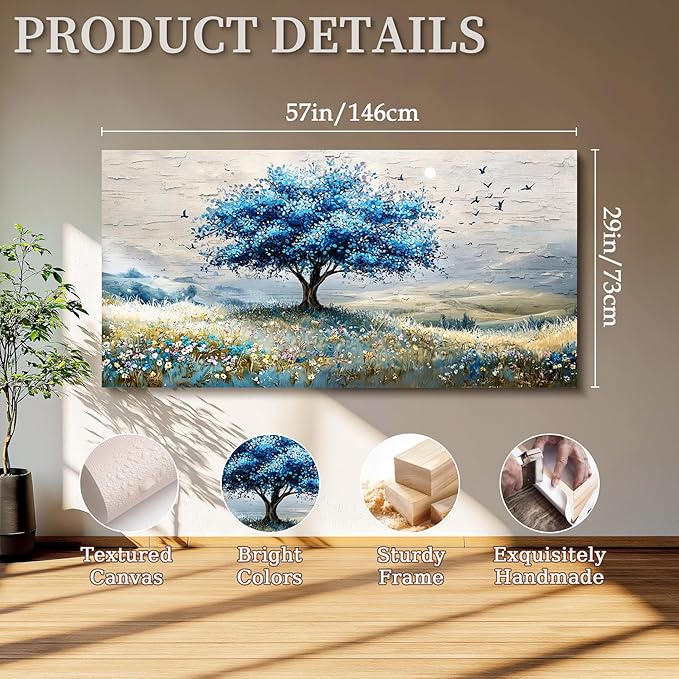 SERIMINO Tree of Life Large Wall Art, Country Landscape Canvas Art Prints, Blue Tree Nature Artwork for Walls, Modern Wall Pictures for Living Room Bedroom Dining Room, Rustic Farmhouse Decor 29"X57"