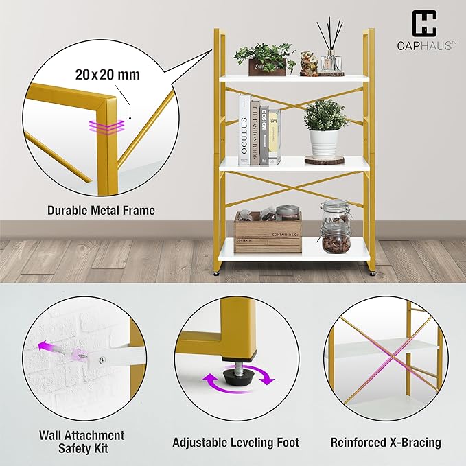 CAPHAUS 2 Tier Small Bookshelf, Bookcase Shelf Storage Organizer for Living Room, 24 Inch Width Free Standing Shelf, Industrial Book Shelves for Home Office, White Wooden Shelves & Gold Frame