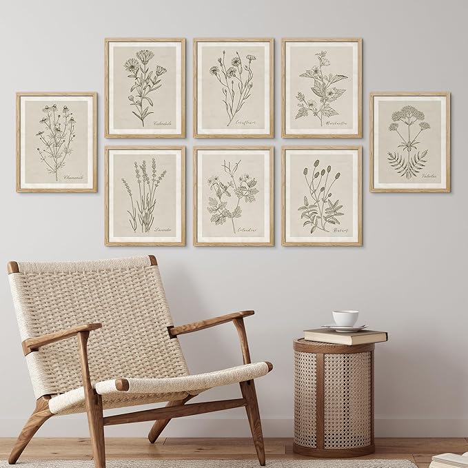 SIGNWIN Framed Poster Wall Art Set of Wildflower, Botanical Floral, Minimalist Decor, Vintage Poster for Living Room, Bedroom, Office - 12"x16"x 8 Natural