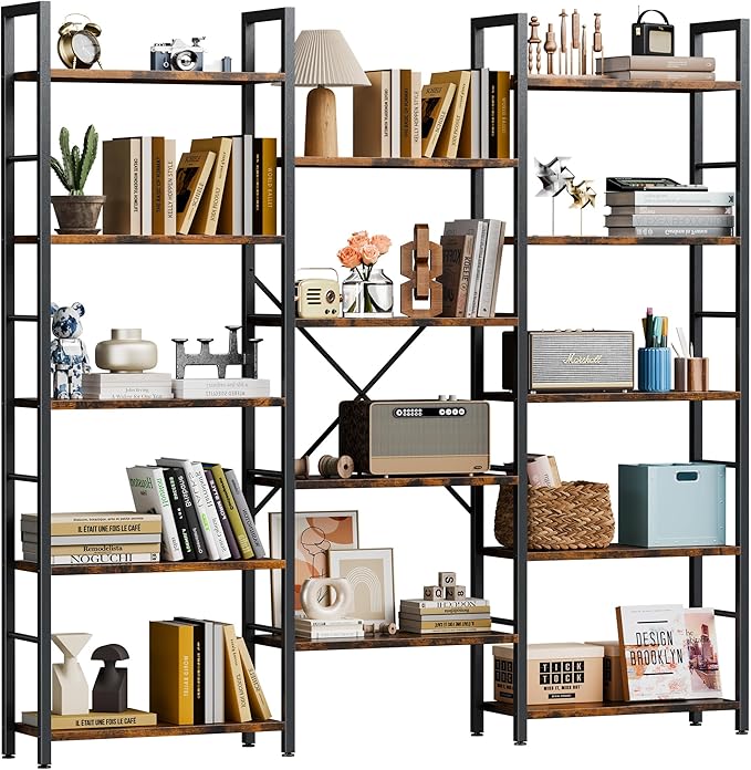 Shintenchi Triple 5 Tier Bookshelf, Industrial Large Bookcase with 14 Open Display Shelves, Large Etagere Bookshelf,Wide Book Shelf Book Case for Home & Office, Brown