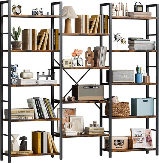 Shintenchi Triple 5 Tier Bookshelf, Industrial Large Bookcase with 14 Open Display Shelves, Large Etagere Bookshelf,Wide Book Shelf Book Case for Home & Office, Brown
