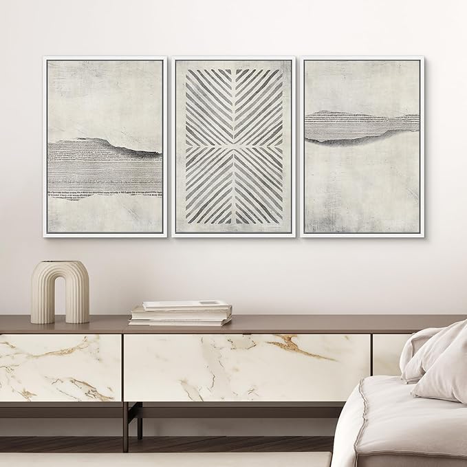 SIGNWIN Framed Canvas Print Wall Art Set Grunge Geometric Line Landscape Abstract Shapes Cozy Neutral Modern Art Decorative Boho Relax/Zen Nordic for Living Room, Bedroom, Office - 24"x36"x3 White