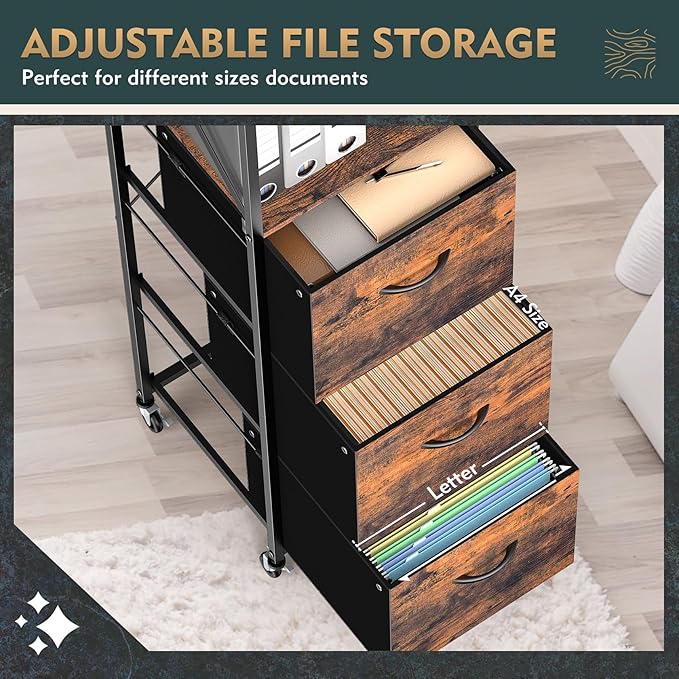 3 Drawers File Cabinet, Vertical Filing Cabinets for Home Office, Non-woven Fabric Drawer with Adjustable Hanging File Folders, A4/Letter Size, Open Shelf, Mobile Printer Stand, Rustic Brown