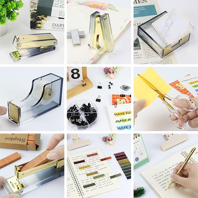 Multibey 11-Piece Gradient Acrylic Desk Accessories Set, Sticky Notes Holder, Stapler and Tape Dispenser, Staple Remover, Sticky Notes, Paper Clips, Scissor, Ballpoint Pen for Home Office Supplies