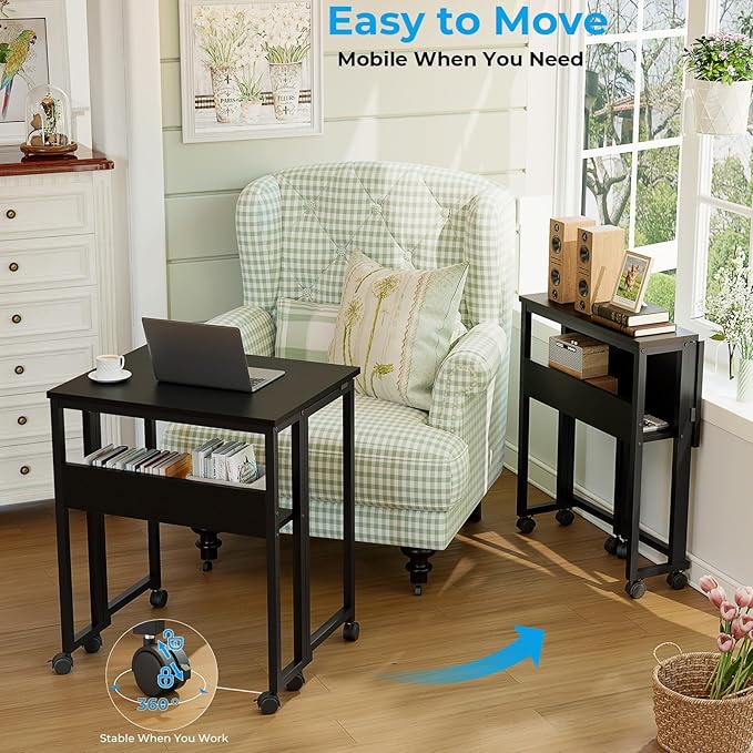 GreenForest Folding Desk Small Rolling Desk with Storage Shelf,24.8 inch Foldable Computer Desk with Wheels for Small Space,Easy Assembly,Black