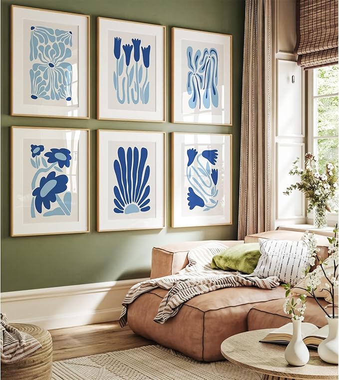 Matisse Flower Wall Art Prints Blue Abstract Wall Decor Aesthetic Canvas Wall Art Picasso Gallery Posters Matisse Preppy Pictures Flower Paintings for Bathroom 8x10 Inch Unframed Set of 6