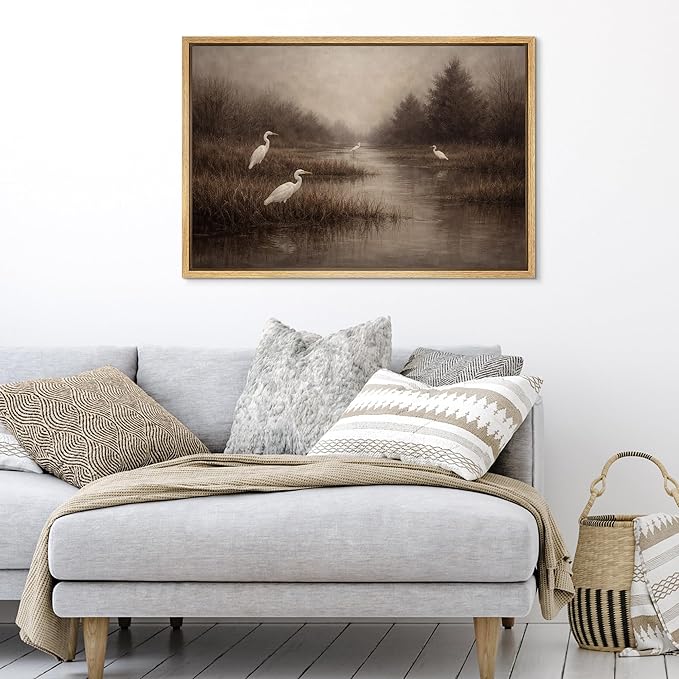 SIGNFORD Framed Canvas Print Wall Art Heron Shadow in Misty Marsh Illustration Minimalism Decorative Colorful Mid-Century for Living Room, Bedroom, Office - 16"x24" NATURAL