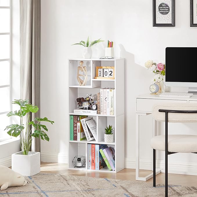 VECELO 42 Inch High Bookcase, 4-Tier Modern Storage Cabinet with Height Difference Shelves for Standard Textbooks, Floor Standing Display, 7 Cubes, Horizontal Avaiable, Easy Assembly, Pearl White