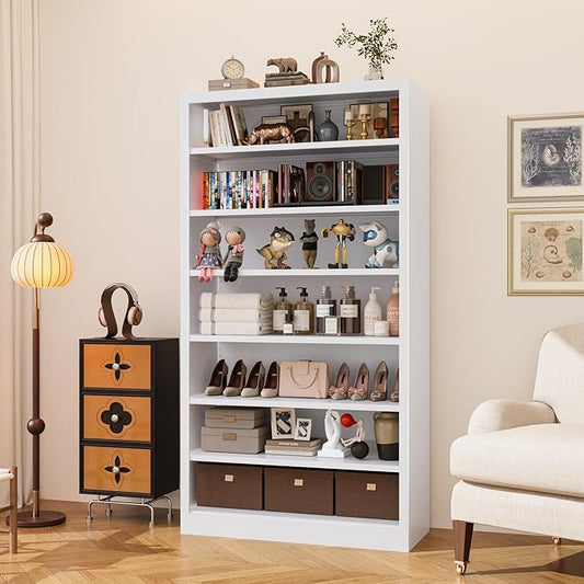 Bookcase,7 Tier Bookshelf,55" Tall Free Standing Metal Bookcase with Adjustable Storage Shelves,Wide Bookshelf for Bedroom Living Room Home Office School (White, 7 Tier 55"H x 27.5"W x 11.8"D)