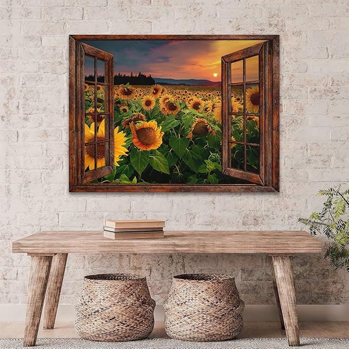 Parylore Sunflower Wall Art Canvas Print Wall Decor Sunflower Field Sunset Landscape On Wood Window Painting Framed Modern Artwork for Living Room Bedroom Bathroom Office Home Decor 16x20 In