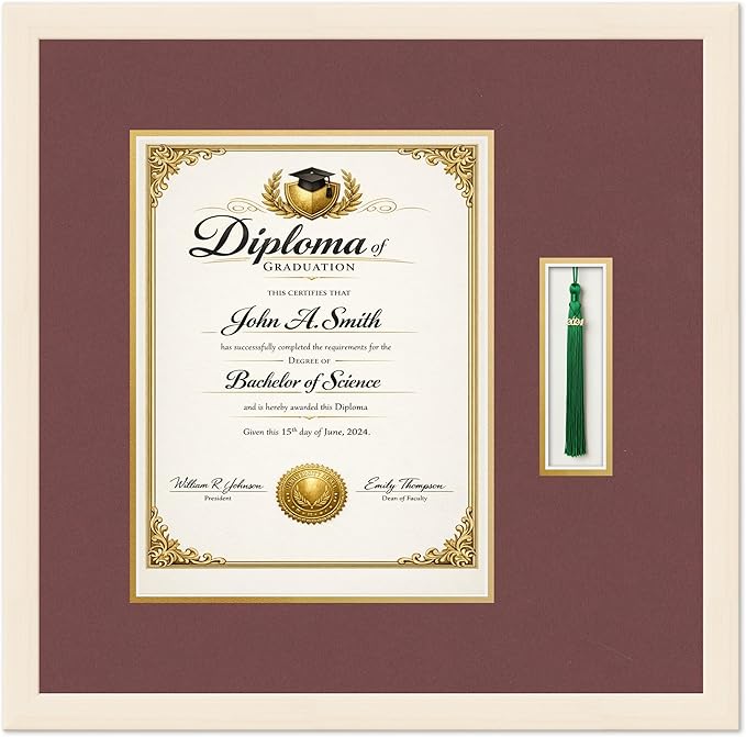 Diploma and Tassel Frame Fits 10 x 13 College Diploma (Portrait Traditi Coastal Whitewash Genuine Hardwood Shadowbox with Dark Red Over Metallic Gold Double mat