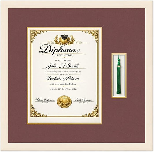 Diploma and Tassel Frame Fits 10 x 13 College Diploma (Portrait Traditi Coastal Whitewash Genuine Hardwood Shadowbox with Dark Red Over Metallic Gold Double mat