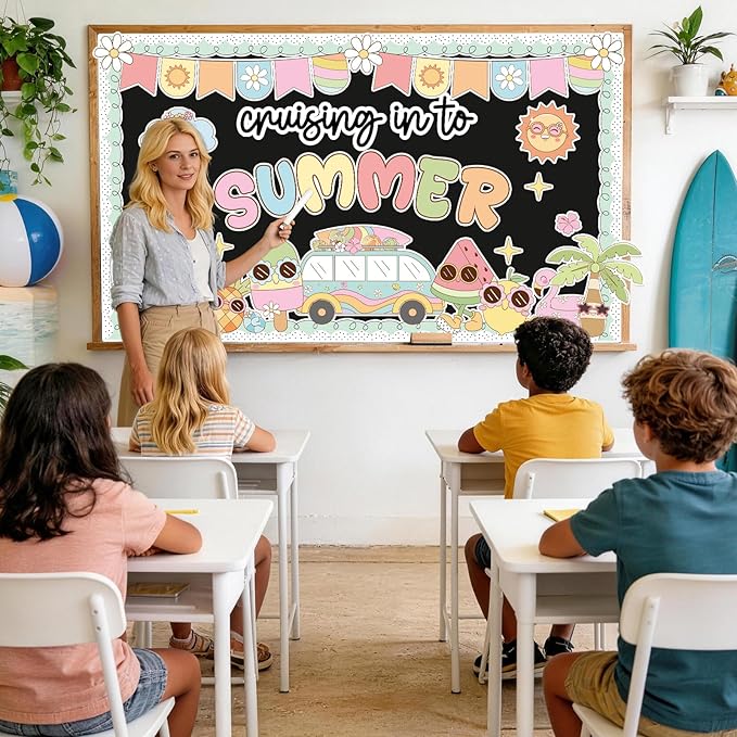 Summer Beach Bulletin Board Set Cruising in to Summer Cutouts Groovy Beach Classroom Decoration Hawaii Tropical Bulletin Board Surfboard Coconut Tree Cutout for School Wall Decor