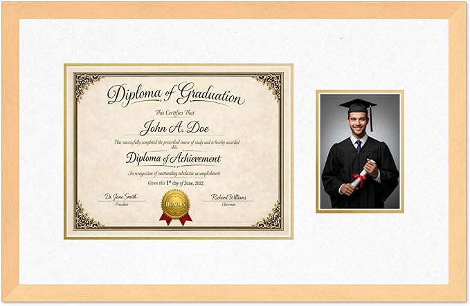 Diploma Frame With Photo Opening Natural Wood Oyster Shell Over Gold Mat - Fits 13 x 10 Degree and Picture Made in the USA