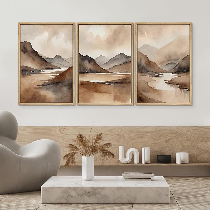 SIGNWIN Framed Canvas Print Wall Art Set Landscape Serene Mountain and River Scene in Warm Earth Tones Illustrations Art Decorative for Living Room, Bedroom, Office - 16"x24"x3 Natural