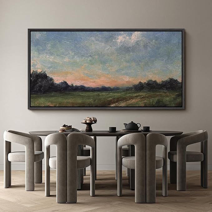 SIGNFORD Extra Large Framed Canvas Quiet Green Field at Dusk Illustrations Modern Art Calm Warm for Living Room, Bedroom, Office - 60"x30"